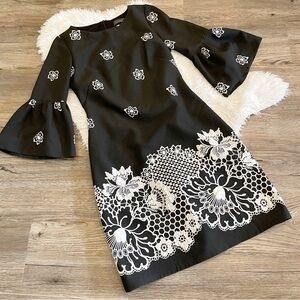 Sandro Ferrone Roma Dress Black White Floral Lace Print Bell Sleeve Italian